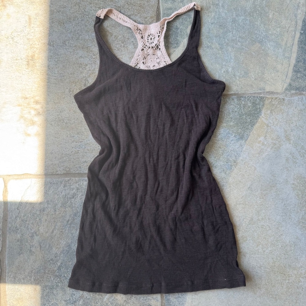 Y2K MUDD Brown Ribbed Tank Top Sz Small Crochet Back Western Festival Style